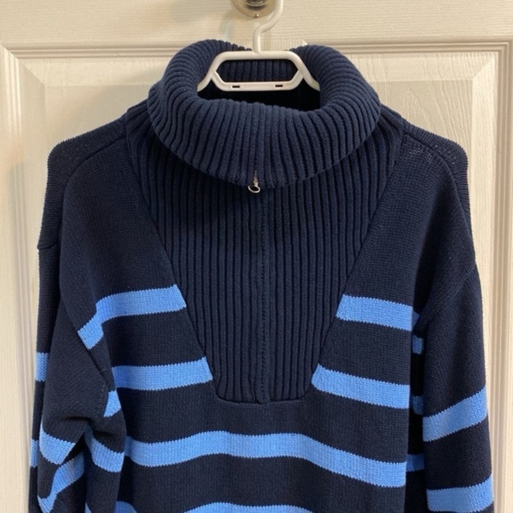 English Factory Cotton Zip Striped Blue Sweater Heavy Knit Winter Womens Large - Picture 9 of 9
